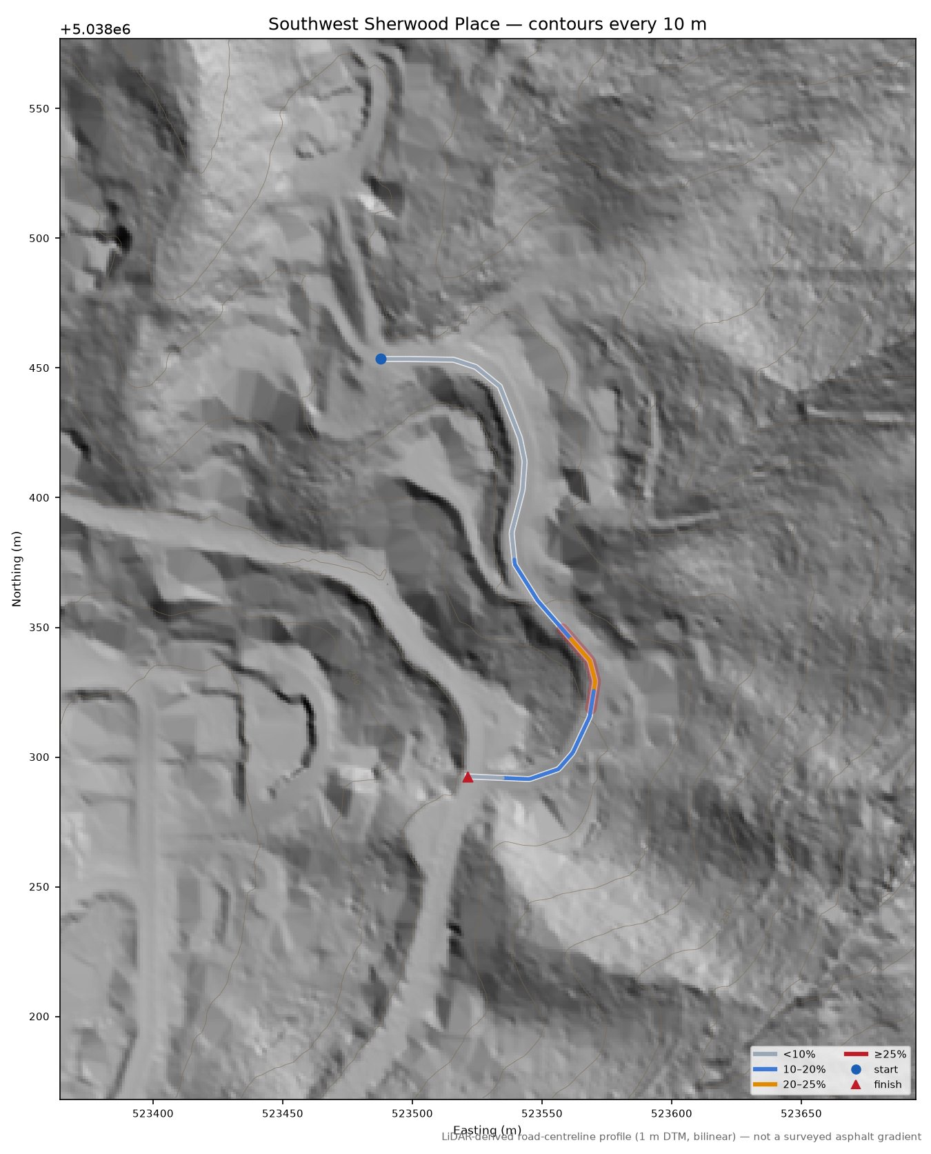 Southwest Sherwood Place LiDAR hillshade map with contours