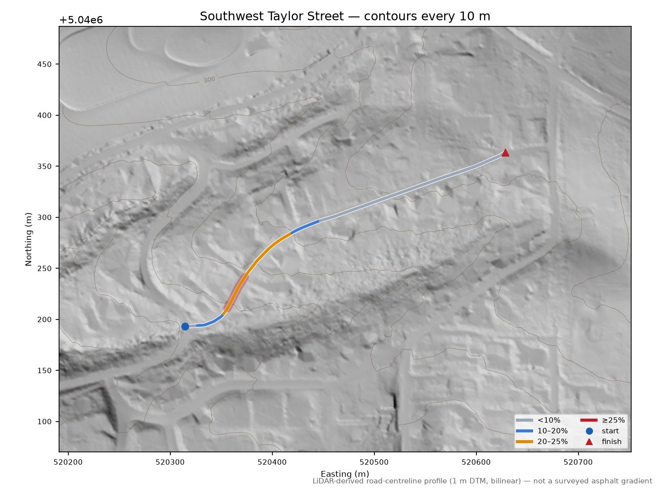Southwest Taylor Street LiDAR hillshade map with contours