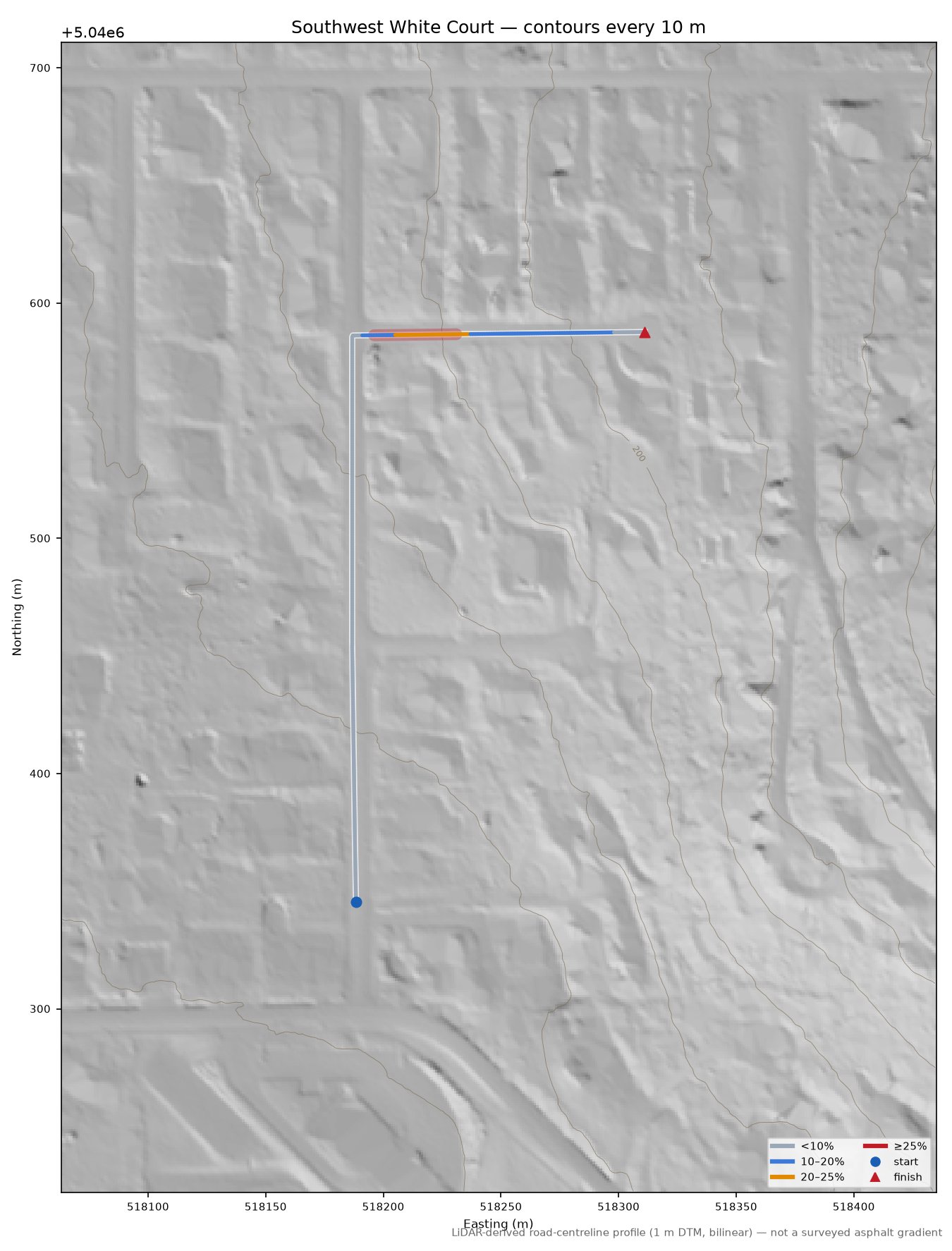 Southwest White Court LiDAR hillshade map with contours