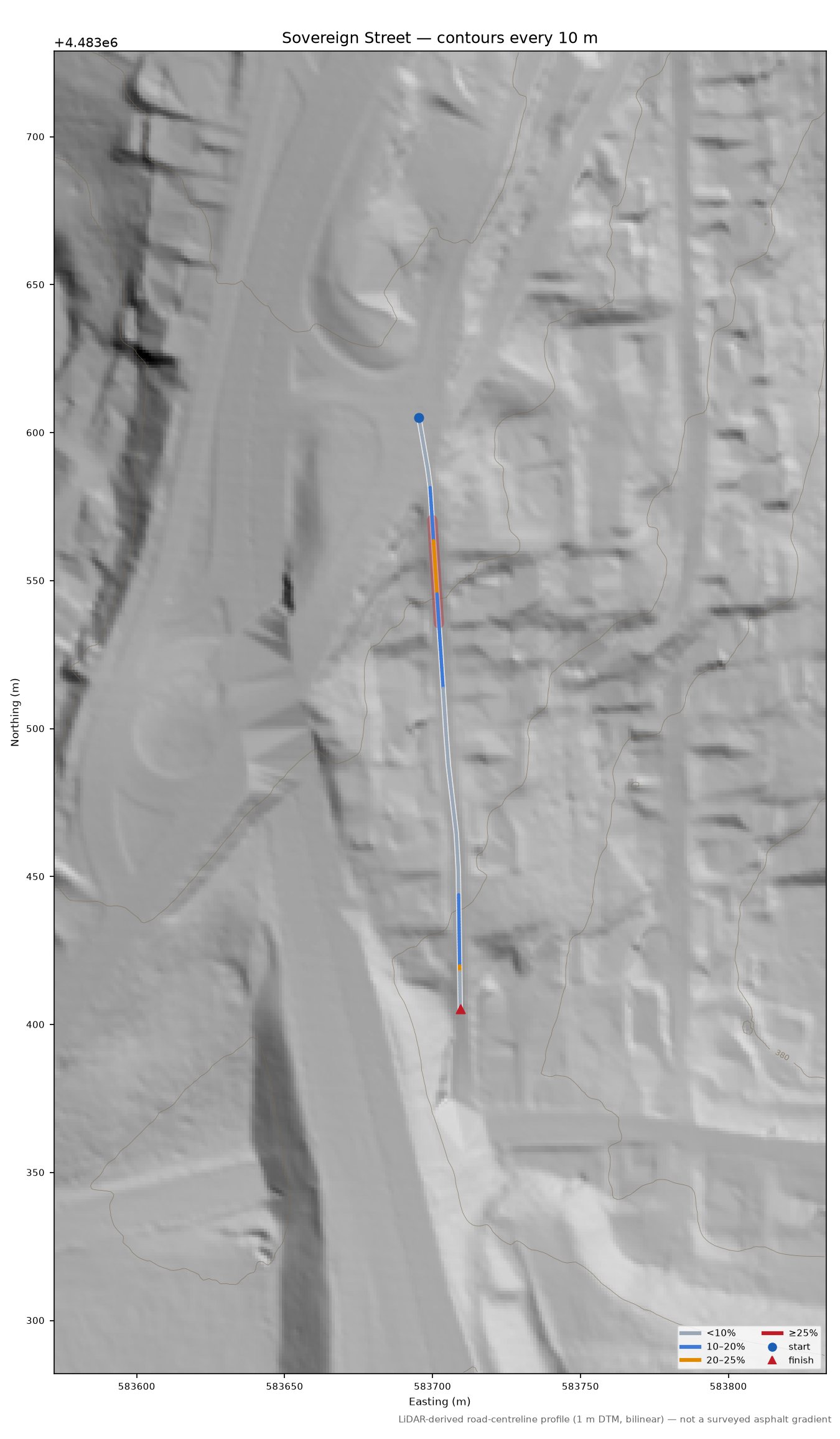 Sovereign Street LiDAR hillshade map with contours