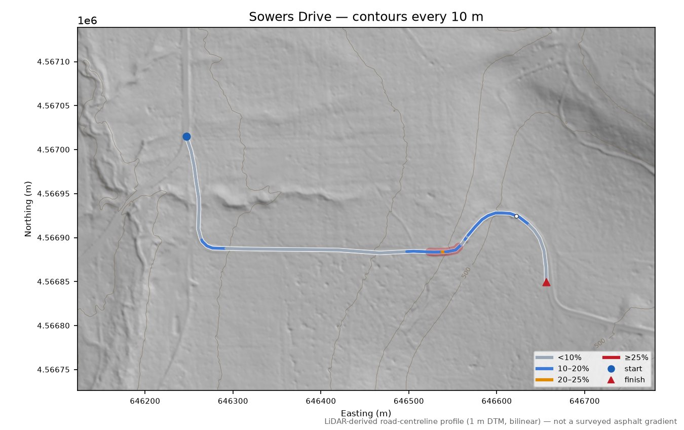 Sowers Drive LiDAR hillshade map with contours