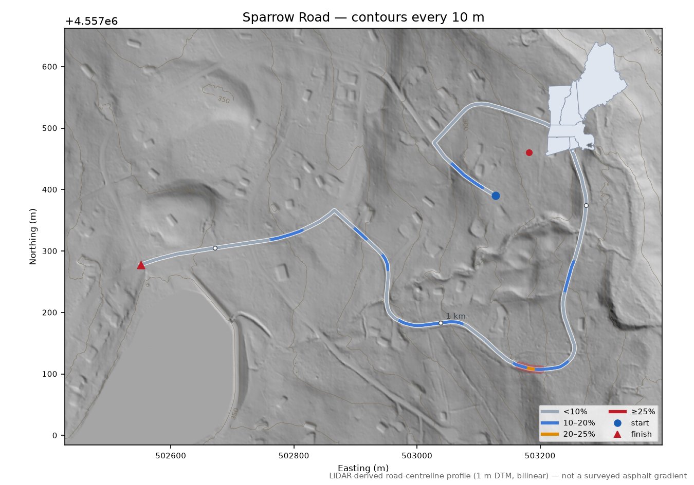 Sparrow Road LiDAR hillshade map with contours