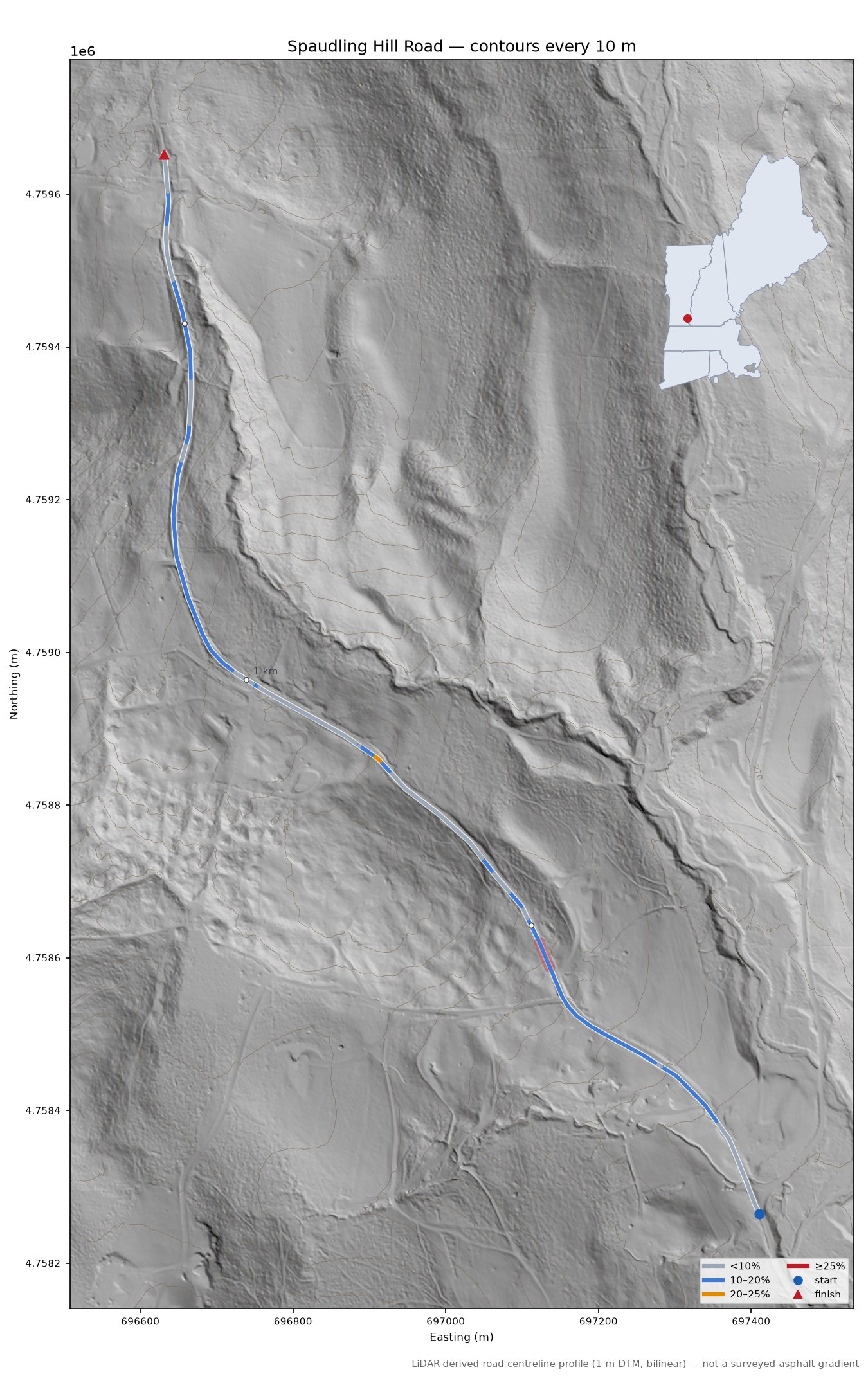 Spaudling Hill Road LiDAR hillshade map with contours