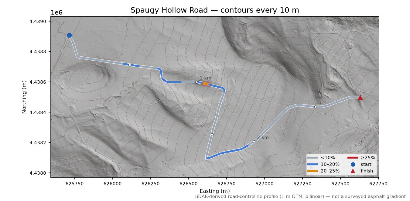 Spaugy Hollow Road LiDAR hillshade map with contours