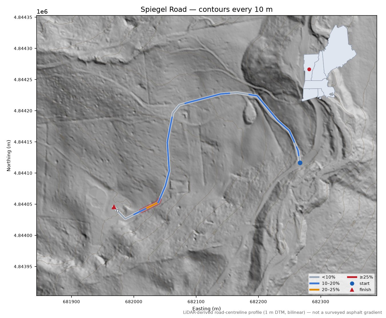 Spiegel Road LiDAR hillshade map with contours