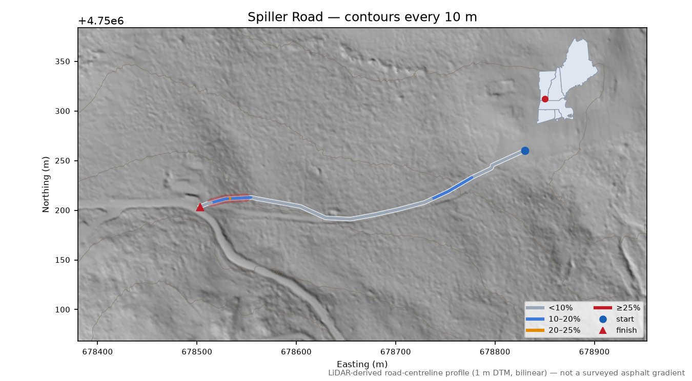 Spiller Road LiDAR hillshade map with contours