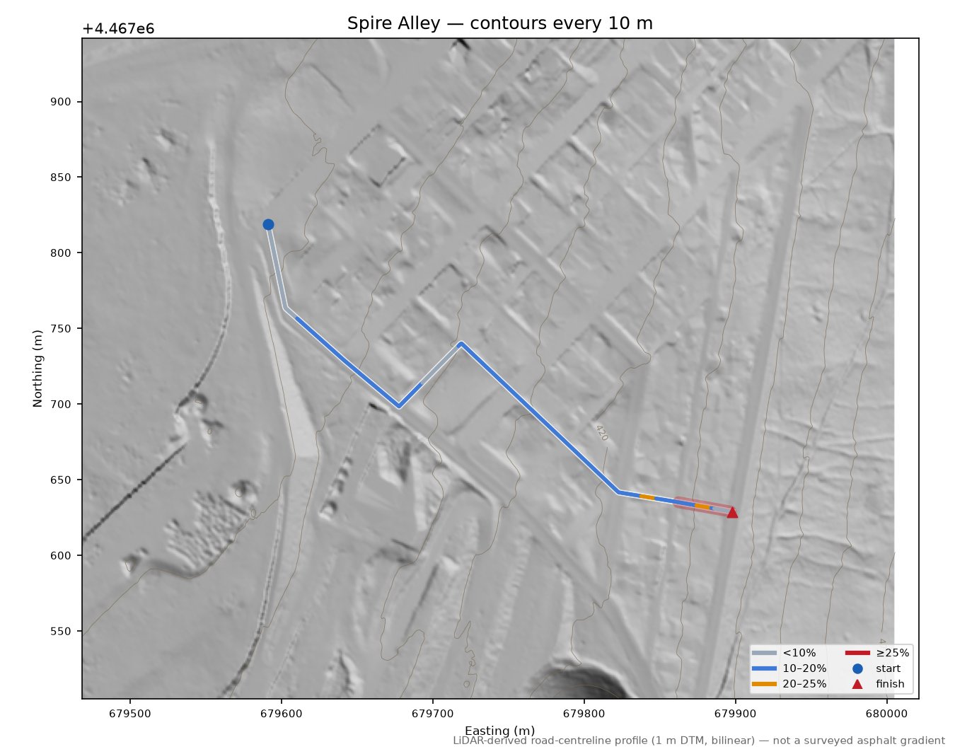 Spire Alley LiDAR hillshade map with contours