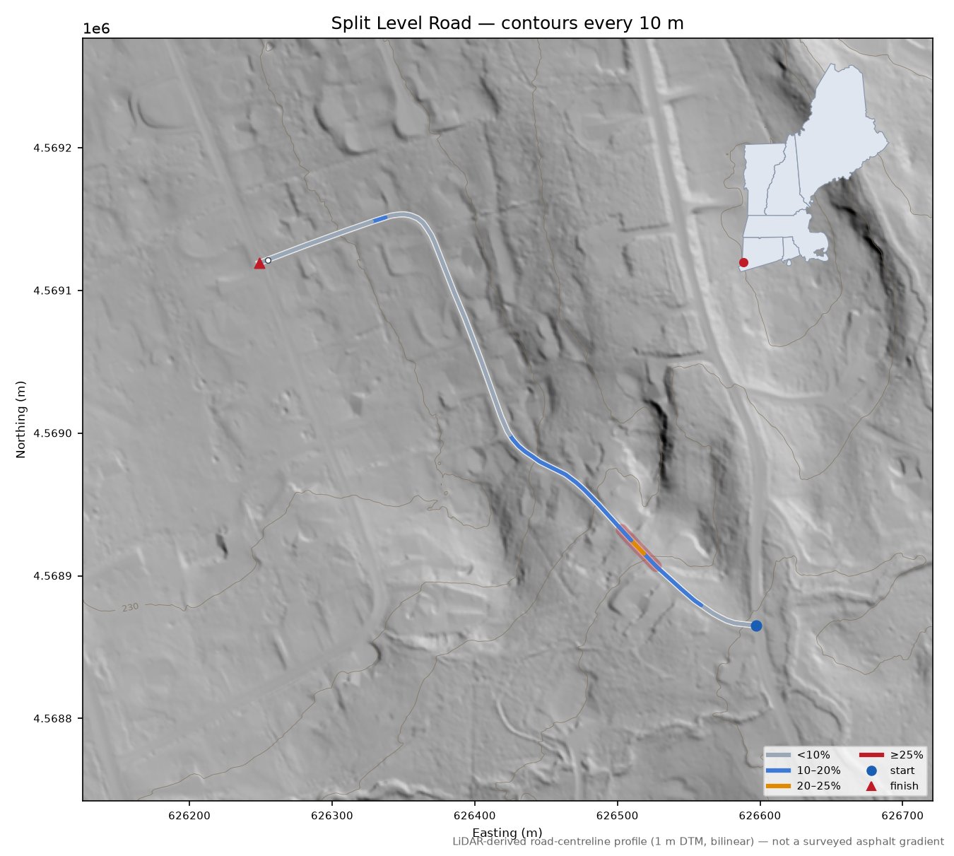 Split Level Road LiDAR hillshade map with contours