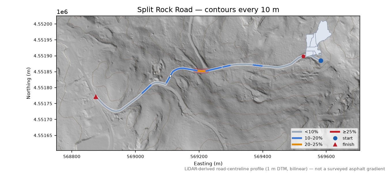 Split Rock Road LiDAR hillshade map with contours