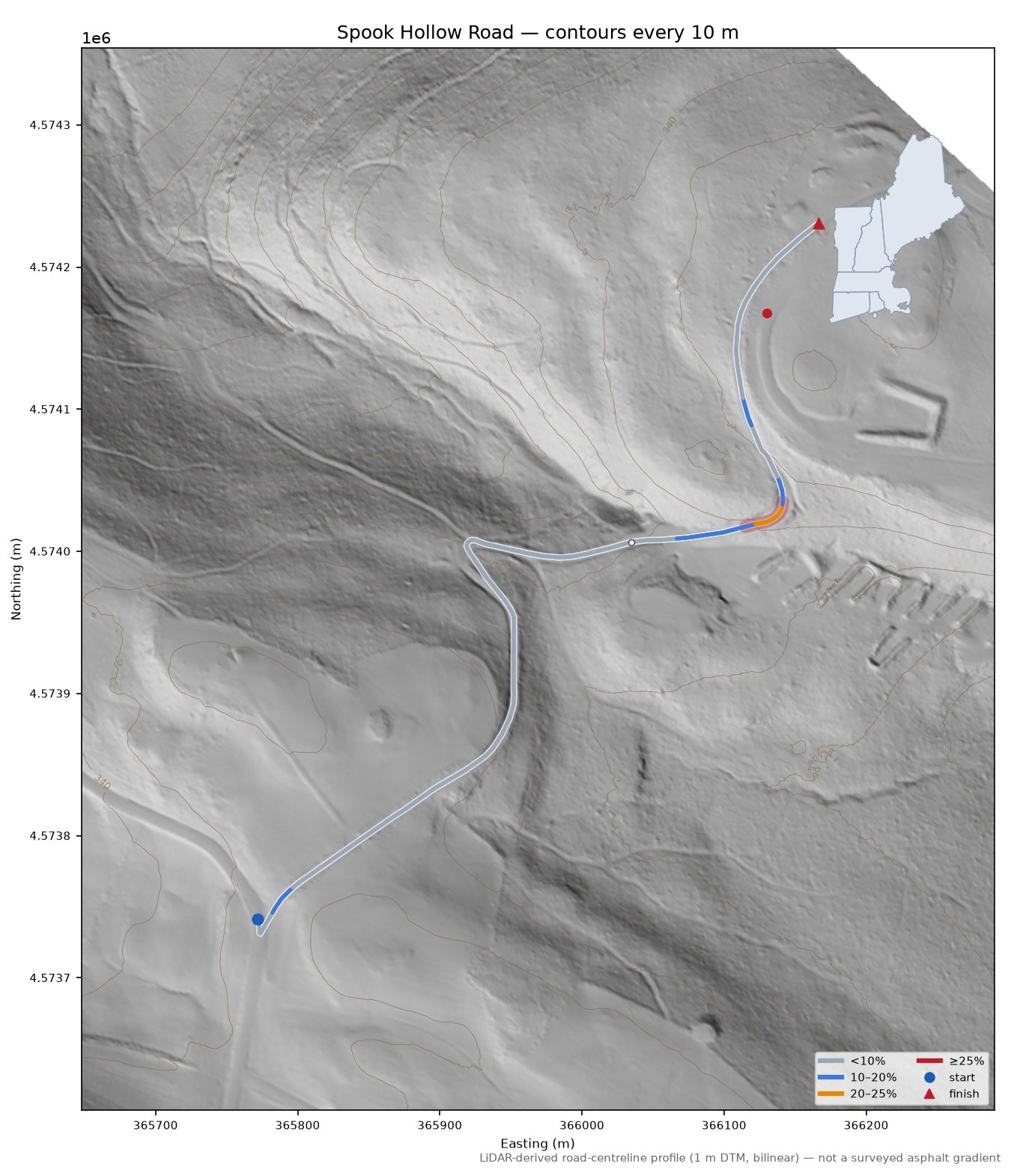 Spook Hollow Road LiDAR hillshade map with contours