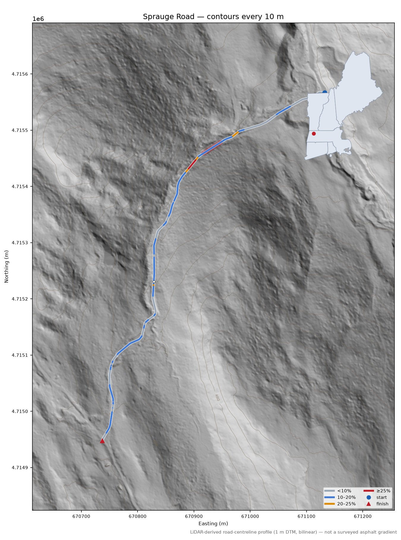 Sprauge Road LiDAR hillshade map with contours