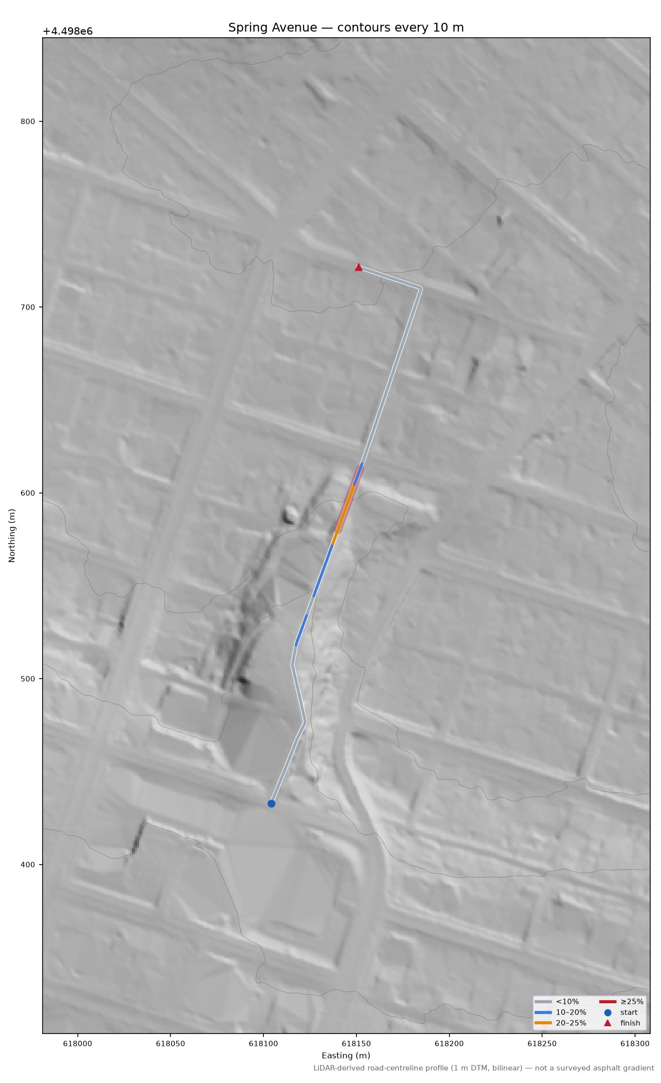 Spring Avenue LiDAR hillshade map with contours