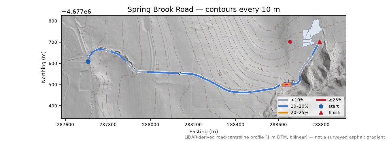 Spring Brook Road LiDAR hillshade map with contours