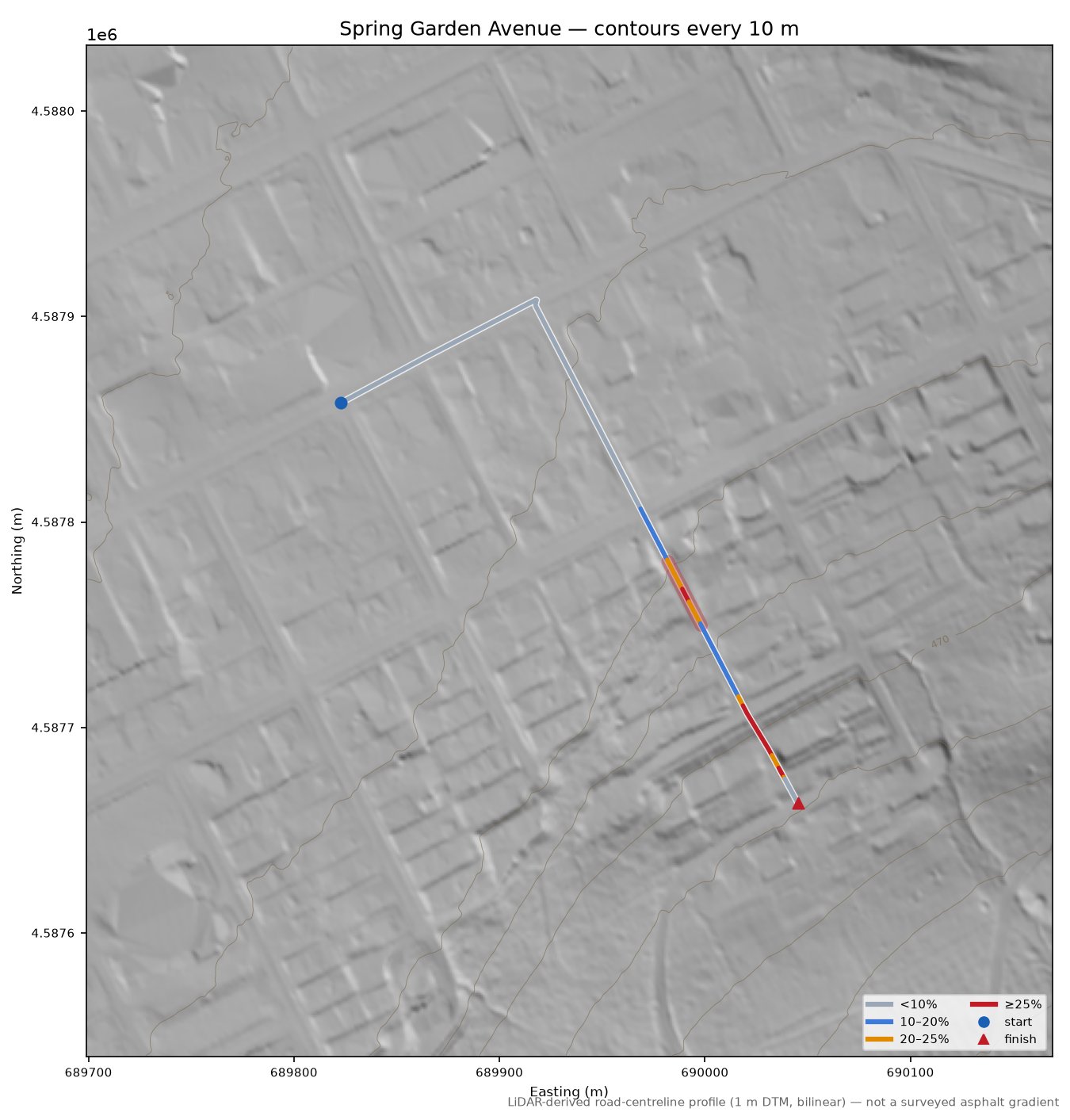 Spring Garden Avenue LiDAR hillshade map with contours