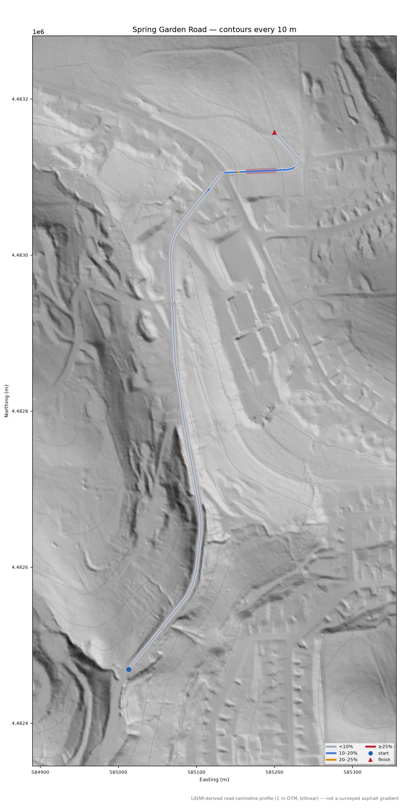 Spring Garden Road LiDAR hillshade map with contours