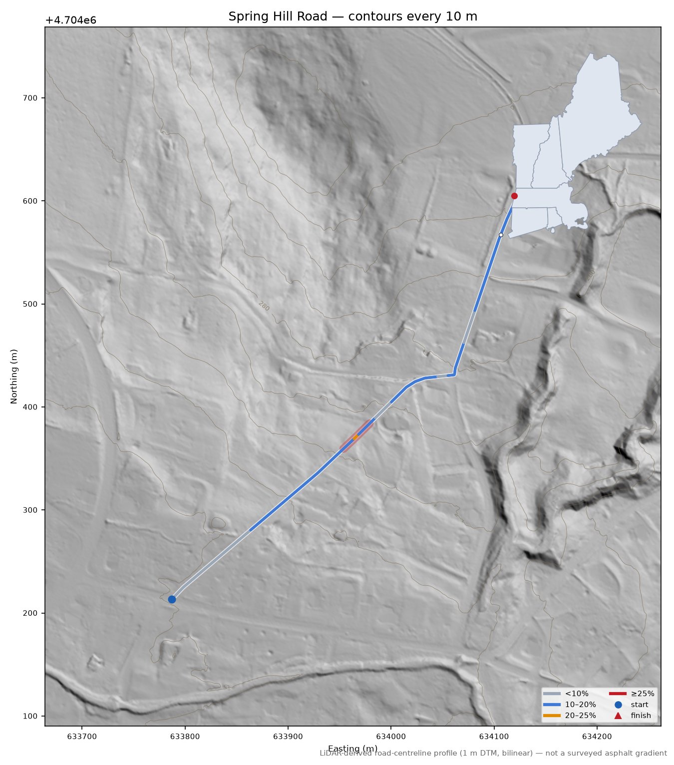 Spring Hill Road LiDAR hillshade map with contours