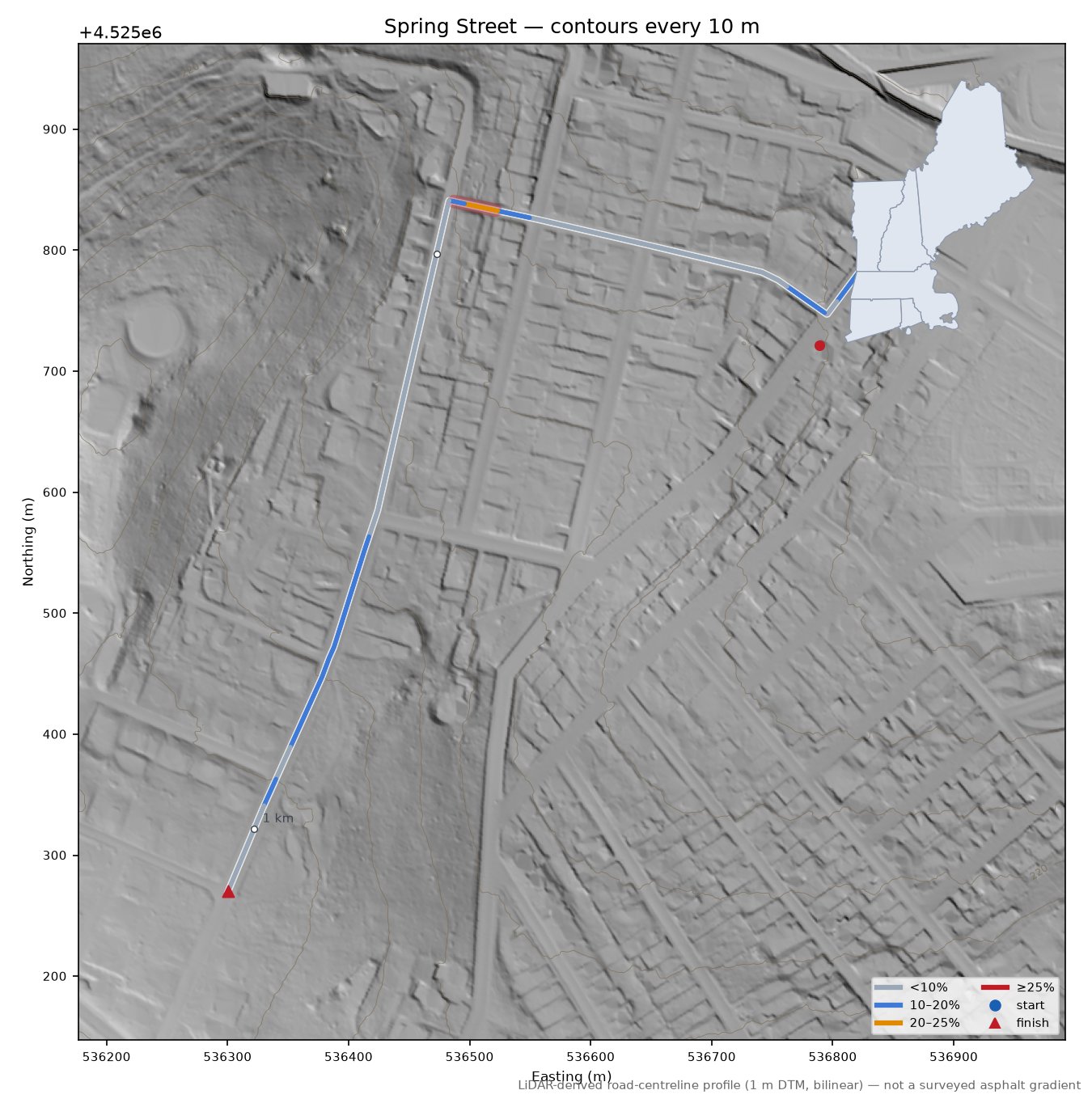Spring Street LiDAR hillshade map with contours