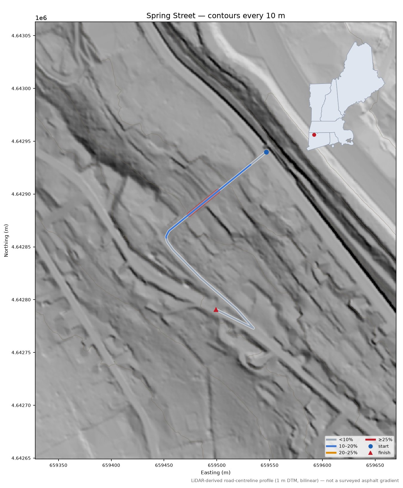 Spring Street LiDAR hillshade map with contours