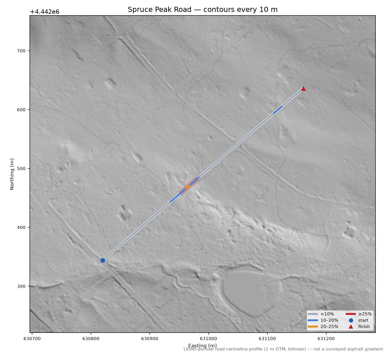 Spruce Peak Road LiDAR hillshade map with contours