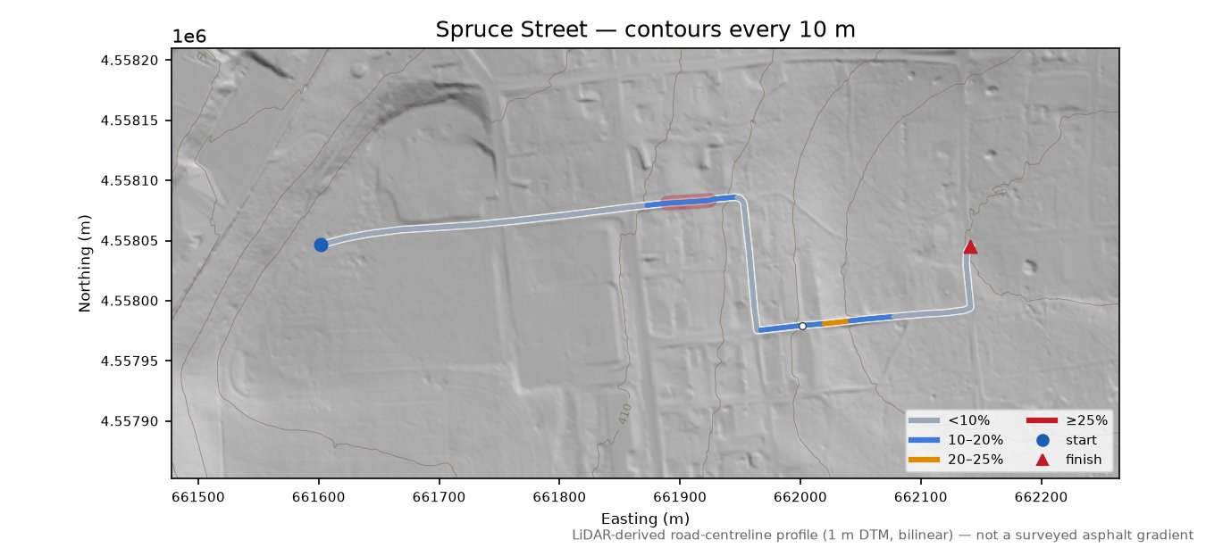 Spruce Street LiDAR hillshade map with contours