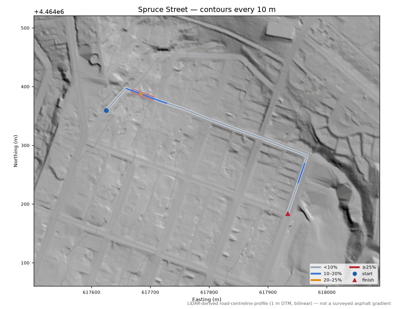 Spruce Street LiDAR hillshade map with contours