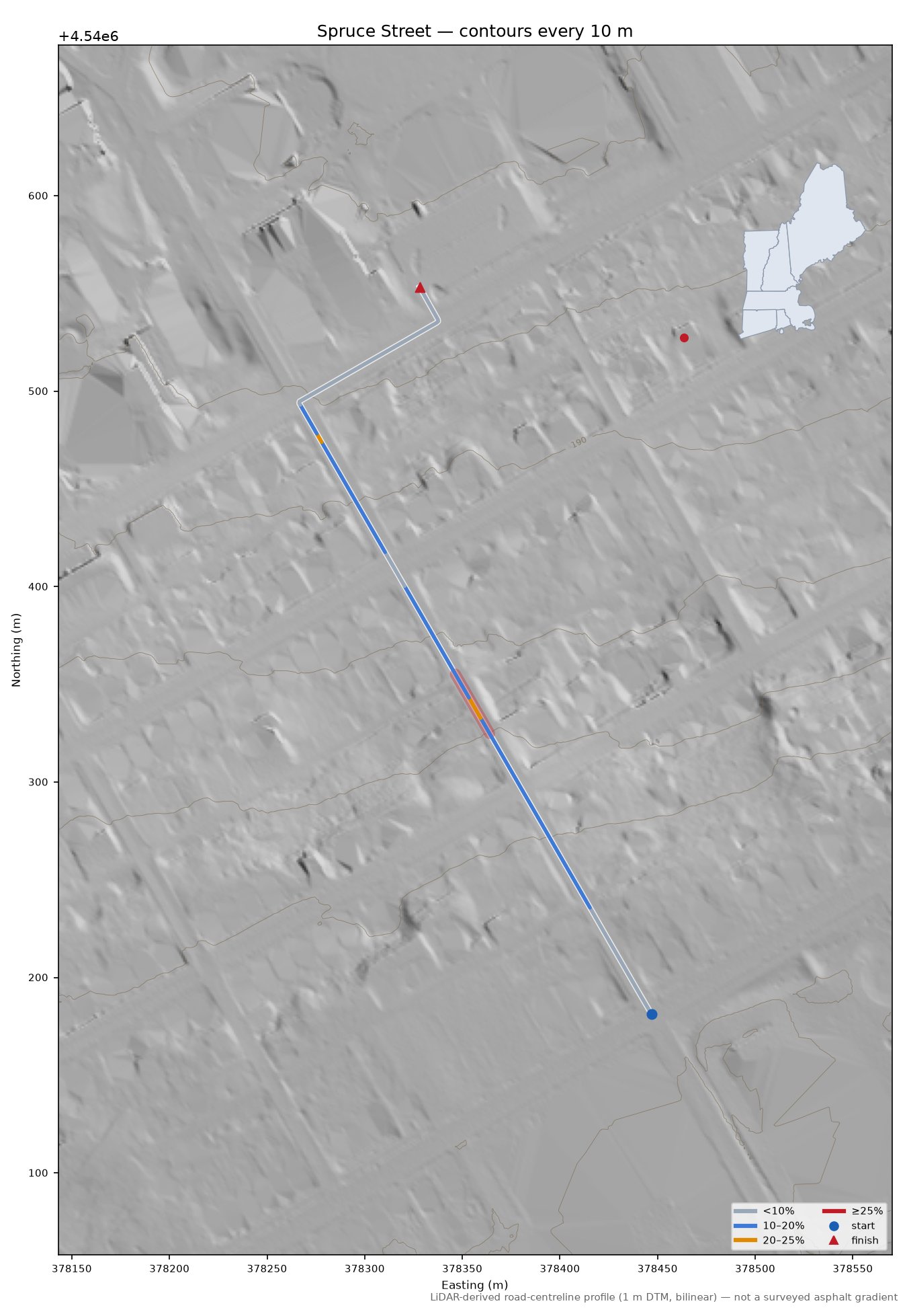 Spruce Street LiDAR hillshade map with contours