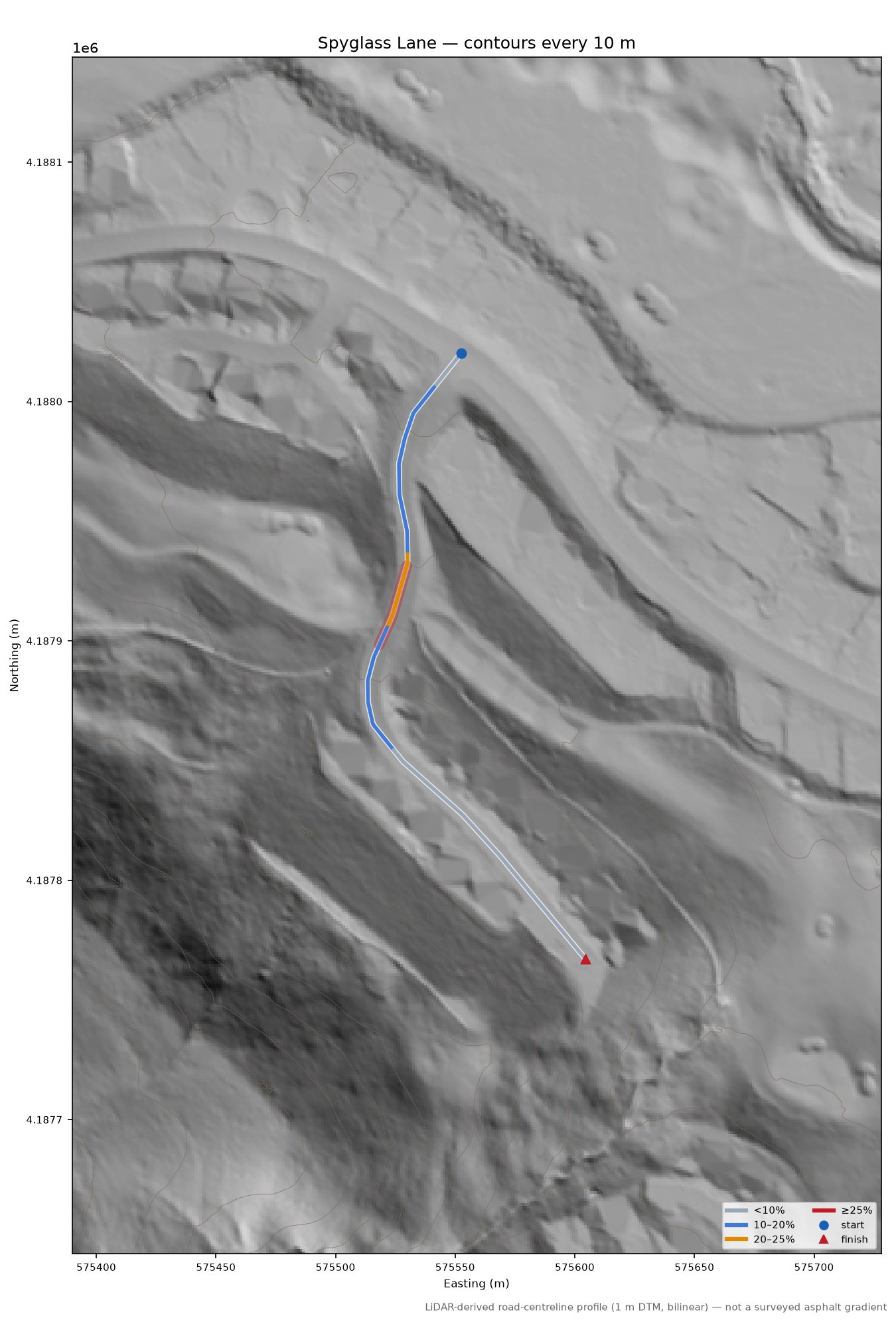 Spyglass Lane LiDAR hillshade map with contours