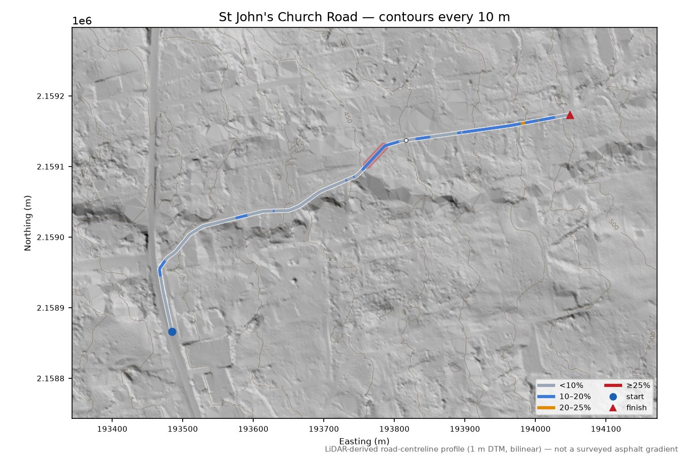 St John's Church Road LiDAR hillshade map with contours