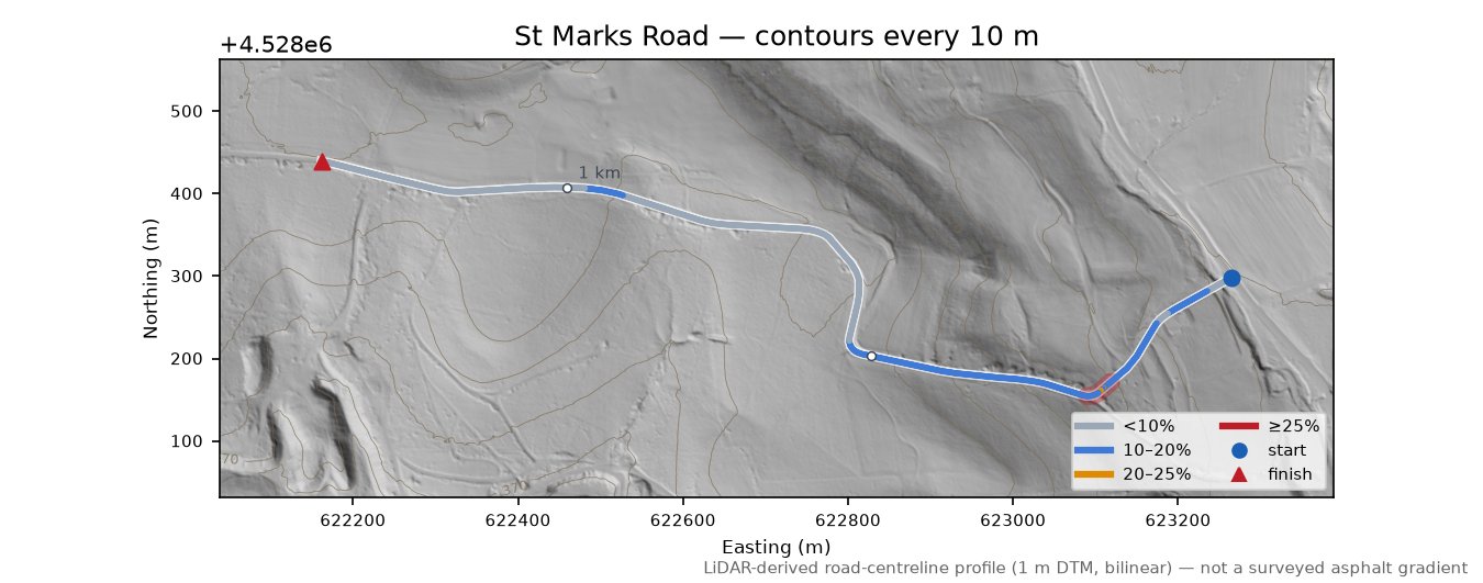 St Marks Road LiDAR hillshade map with contours