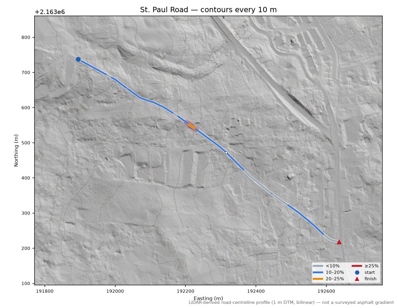 St. Paul Road LiDAR hillshade map with contours