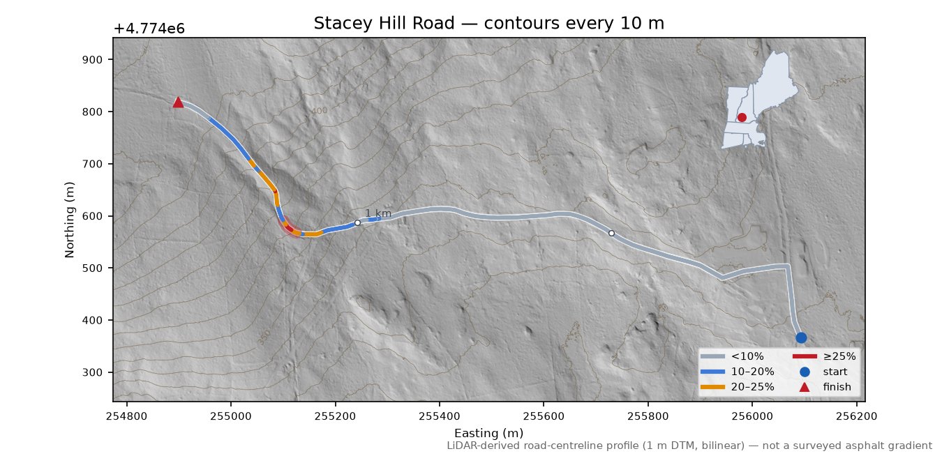 Stacey Hill Road LiDAR hillshade map with contours