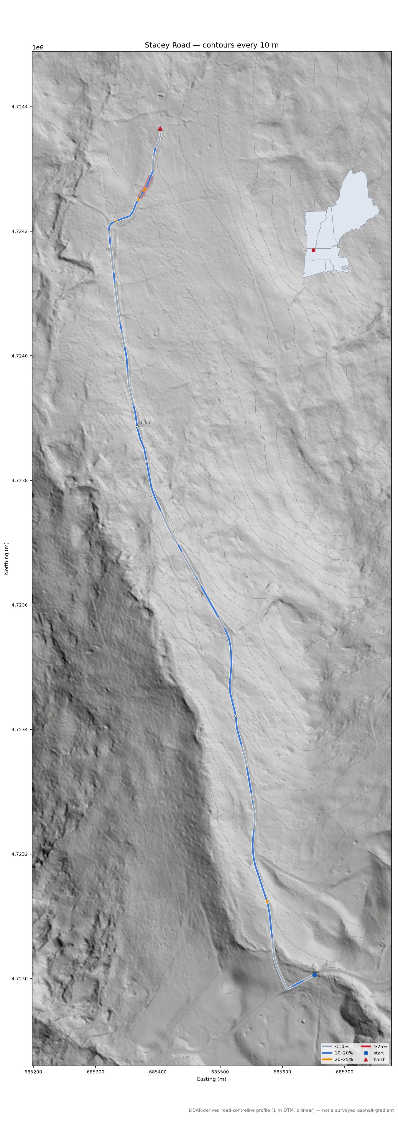 Stacey Road LiDAR hillshade map with contours