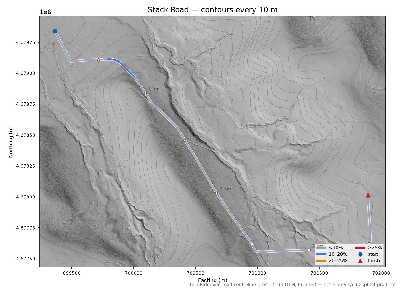 Stack Road LiDAR hillshade map with contours