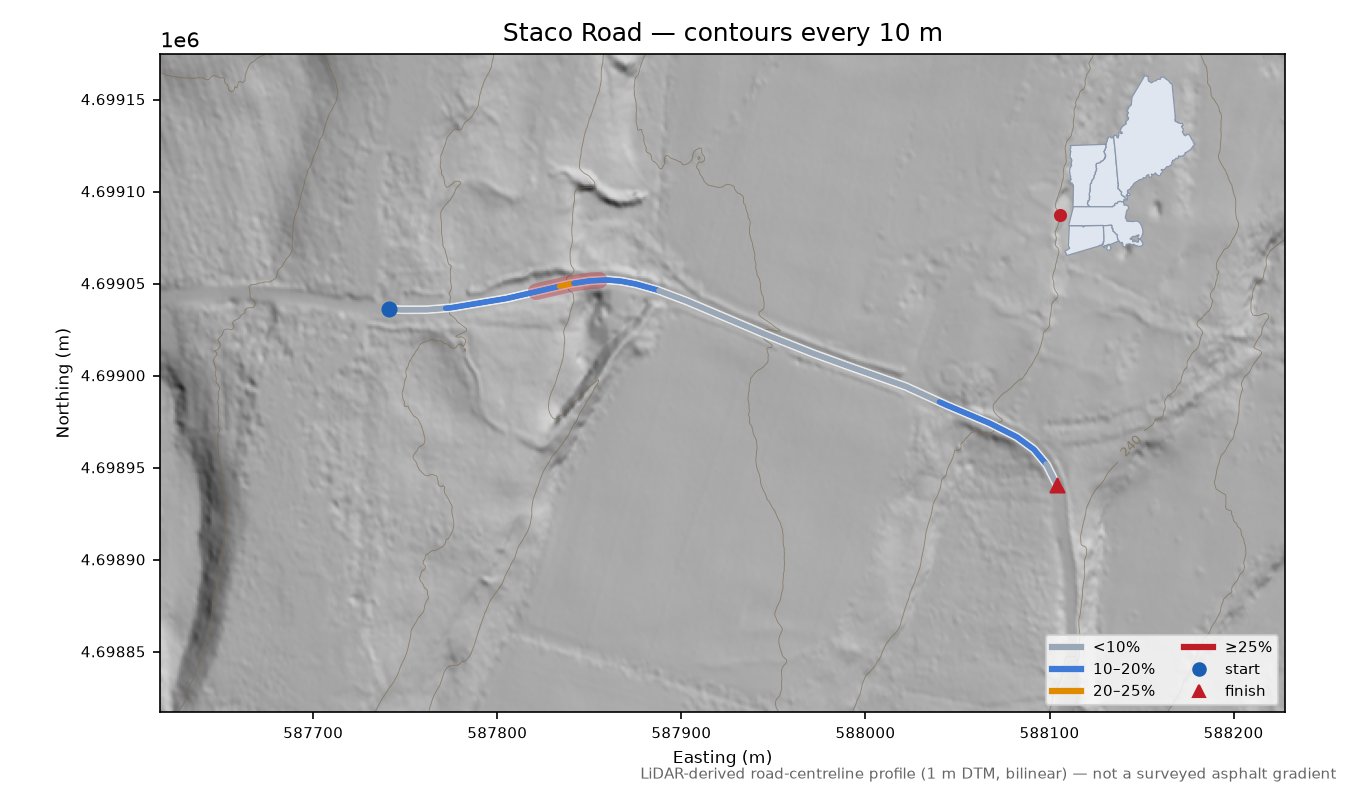 Staco Road LiDAR hillshade map with contours