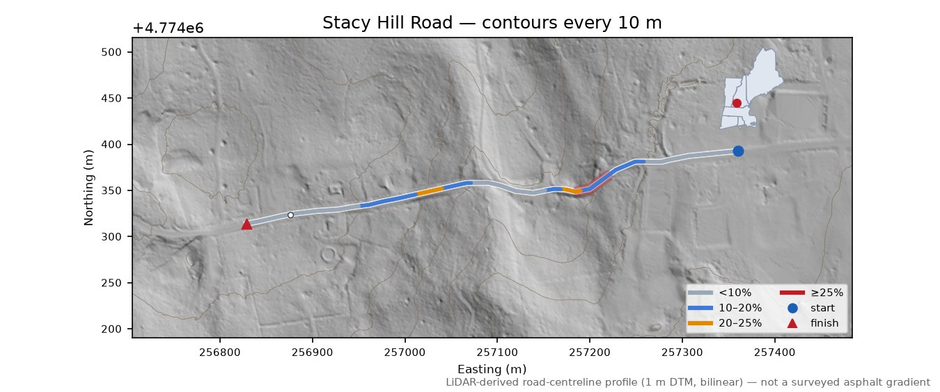 Stacy Hill Road LiDAR hillshade map with contours