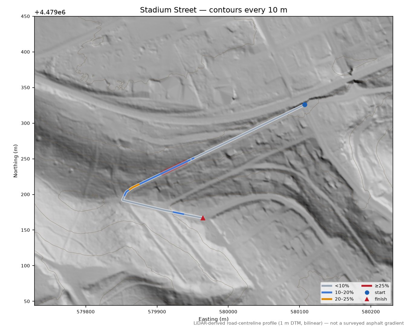 Stadium Street LiDAR hillshade map with contours