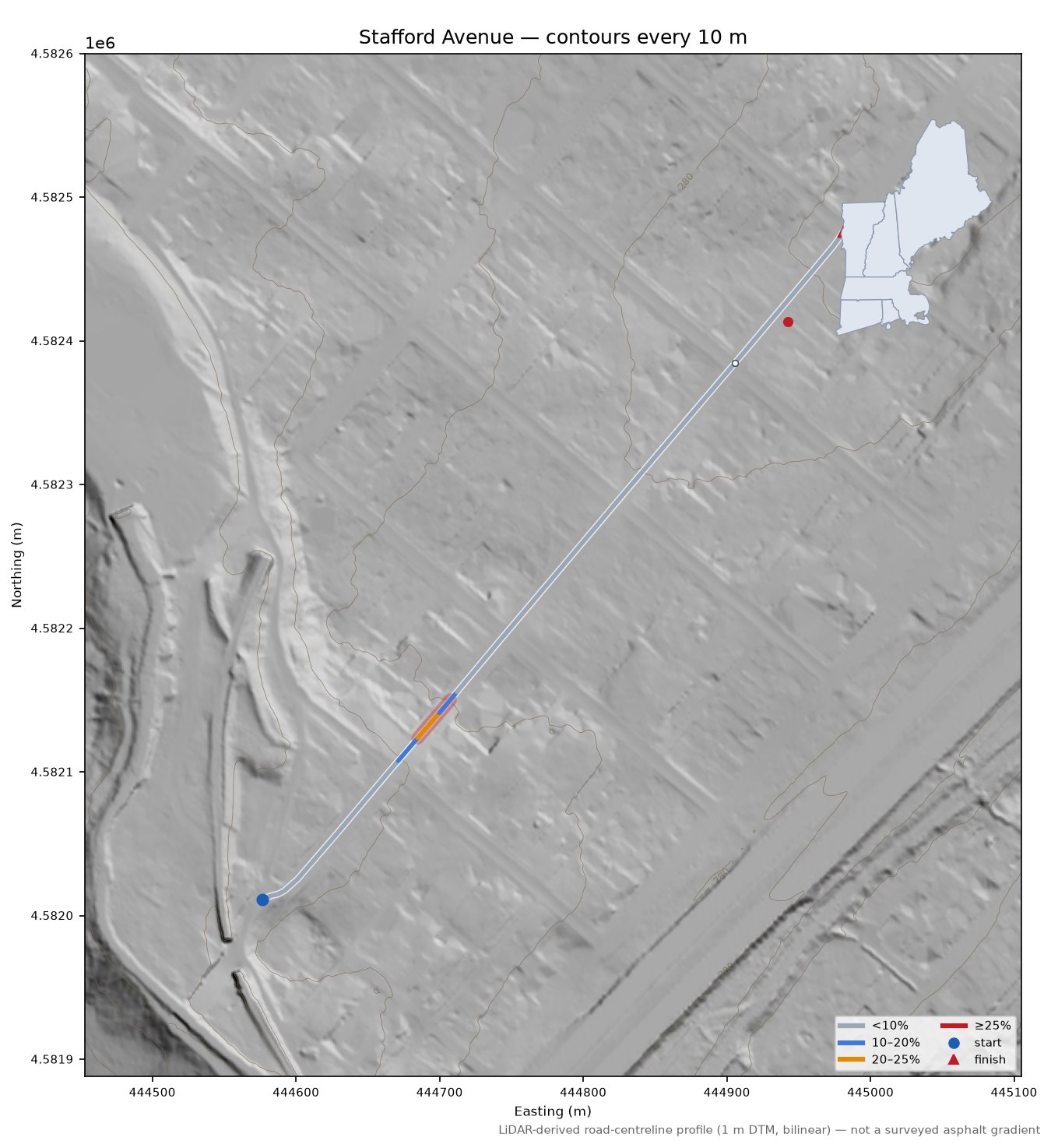 Stafford Avenue LiDAR hillshade map with contours