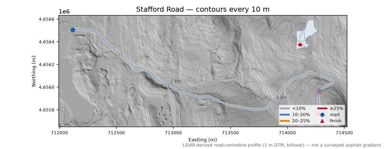 Stafford Road LiDAR hillshade map with contours