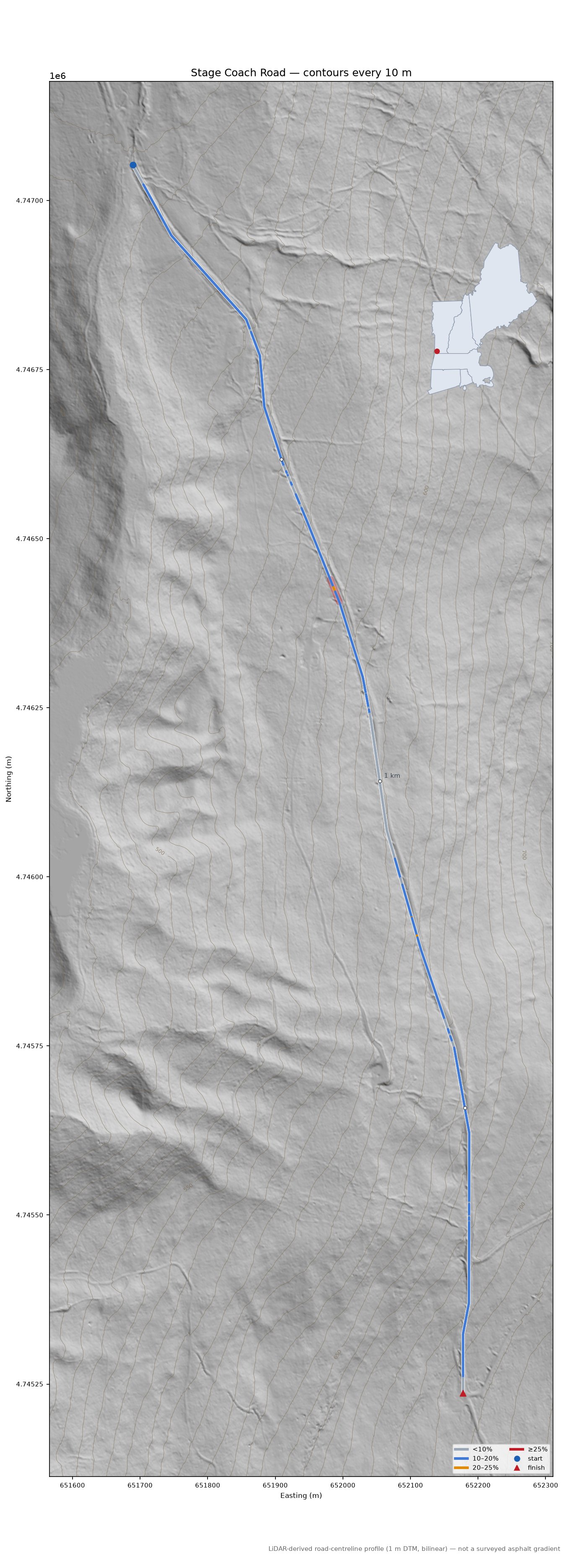Stage Coach Road LiDAR hillshade map with contours