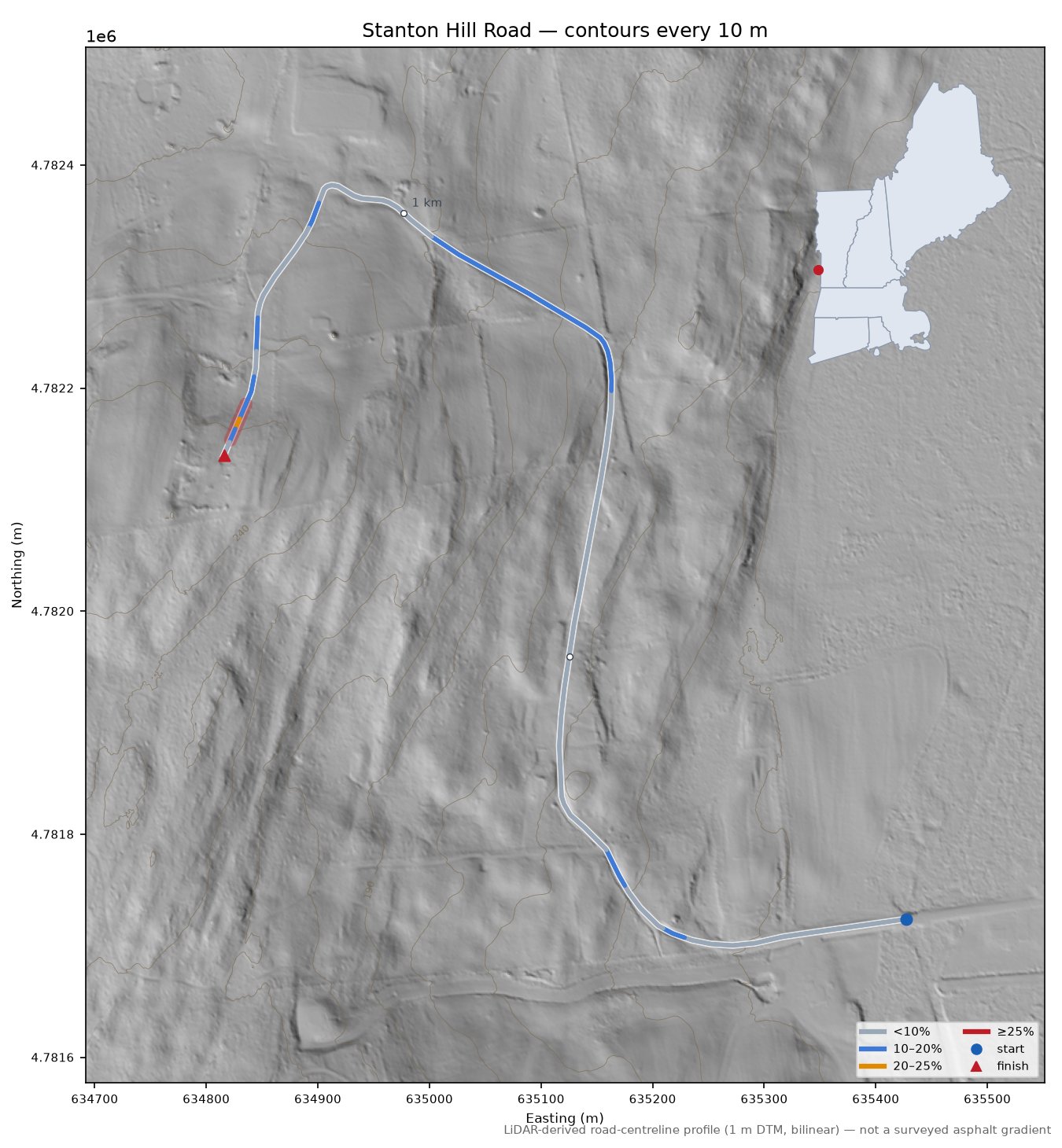 Stanton Hill Road LiDAR hillshade map with contours