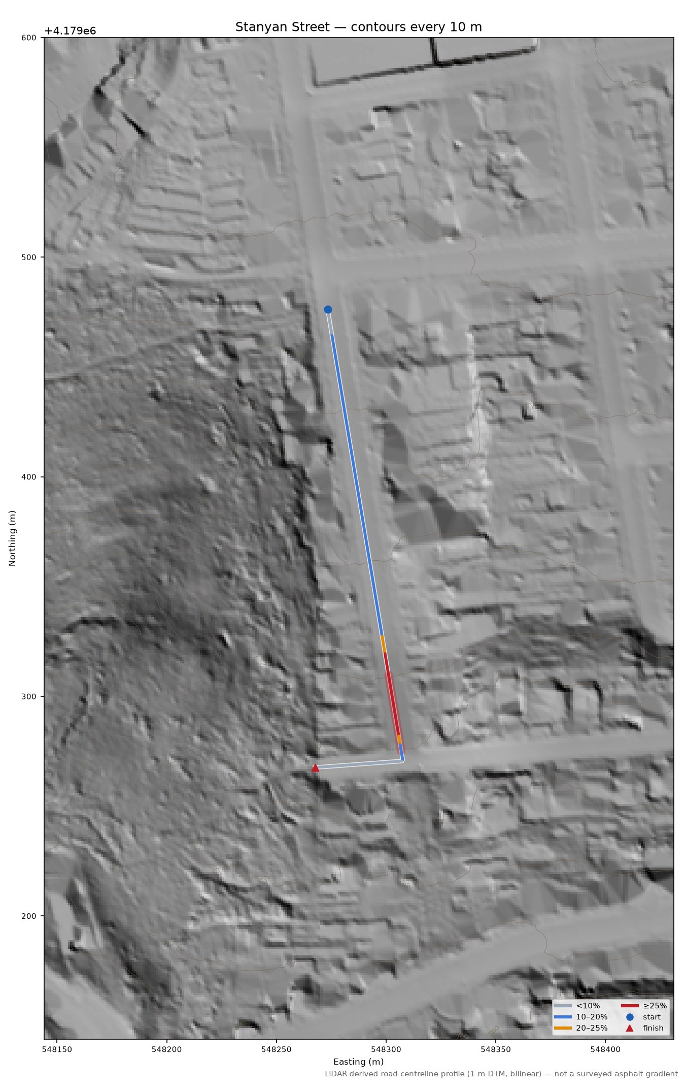 Stanyan Street LiDAR hillshade map with contours
