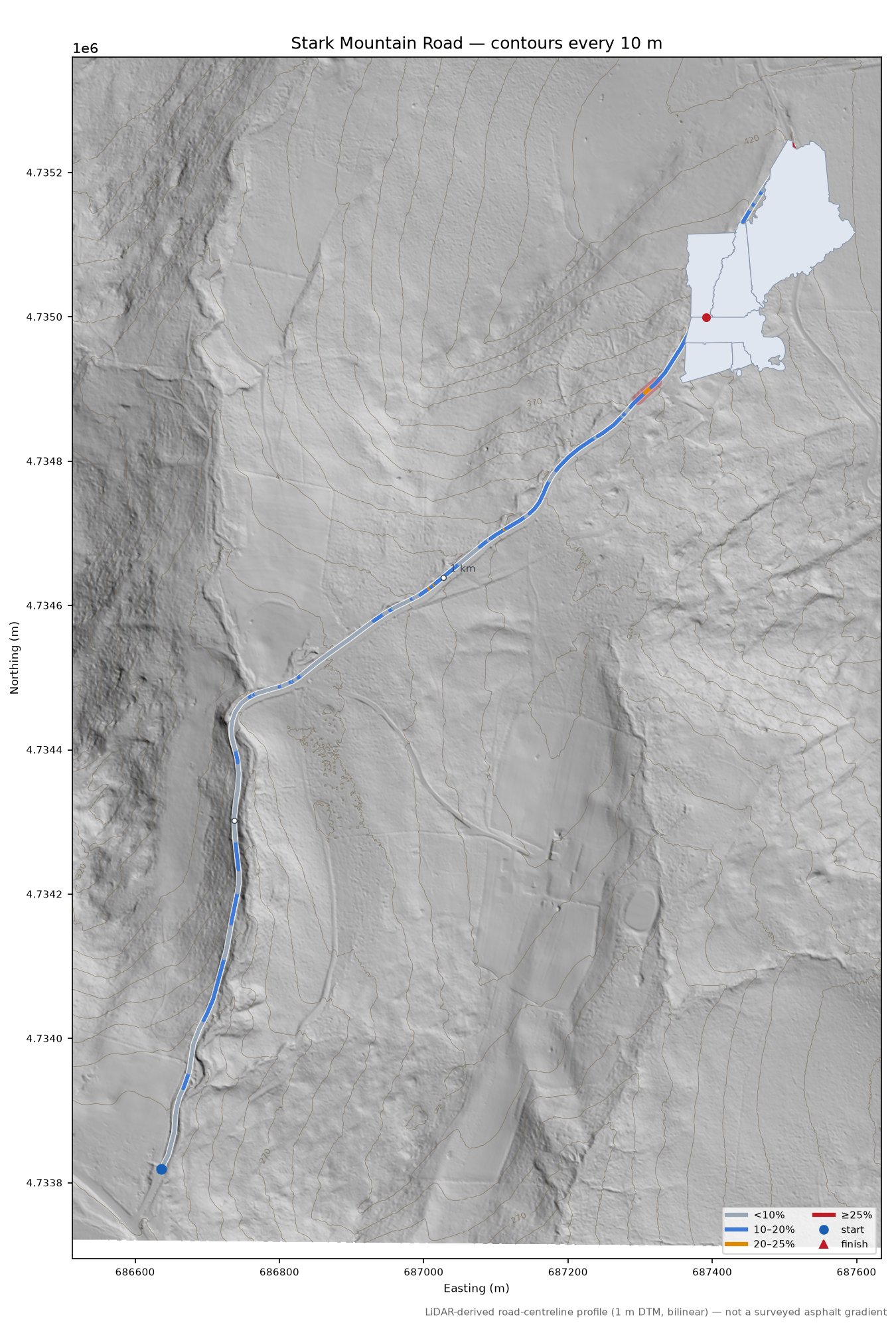 Stark Mountain Road LiDAR hillshade map with contours