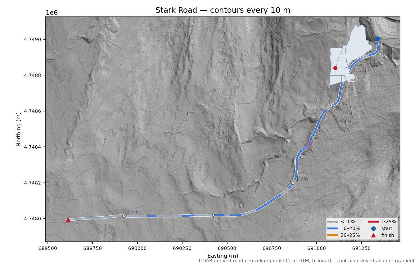 Stark Road LiDAR hillshade map with contours