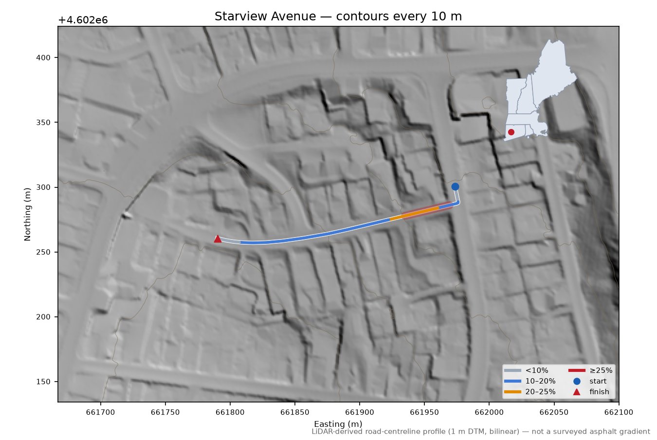 Starview Avenue LiDAR hillshade map with contours