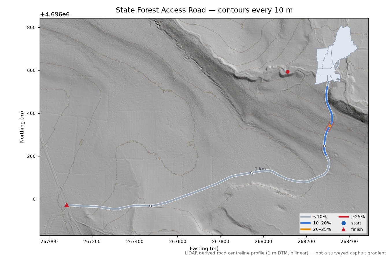 State Forest Access Road LiDAR hillshade map with contours