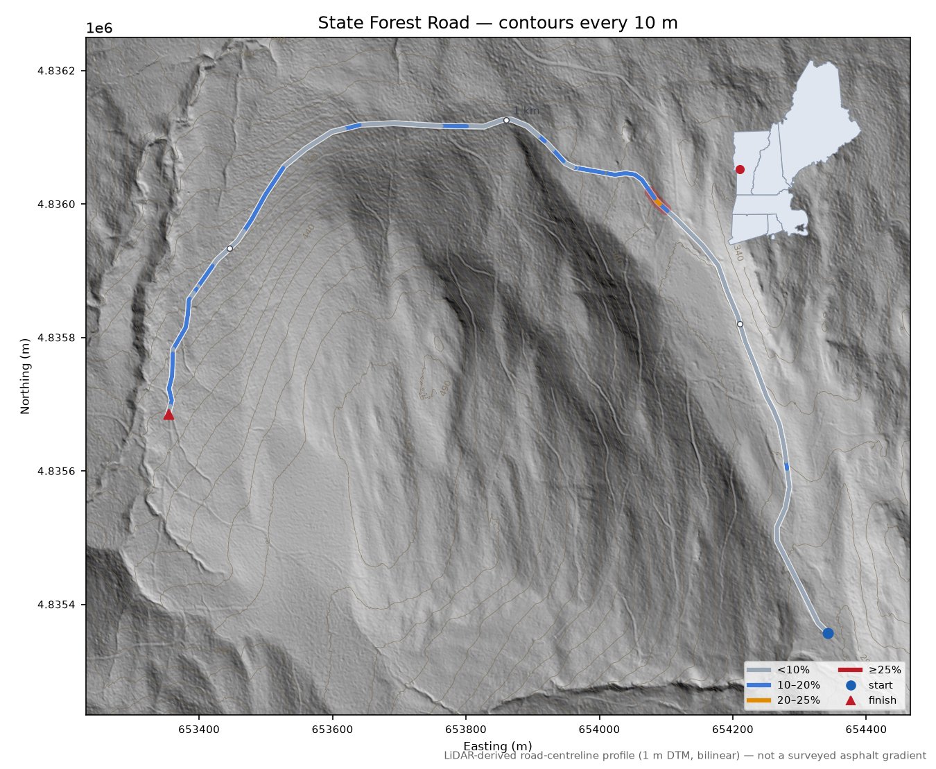State Forest Road LiDAR hillshade map with contours