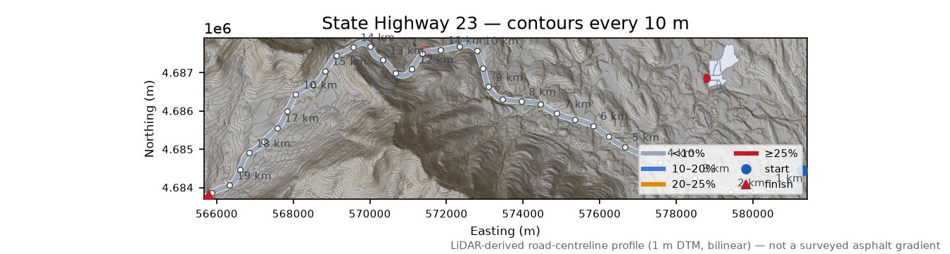 State Highway 23 LiDAR hillshade map with contours