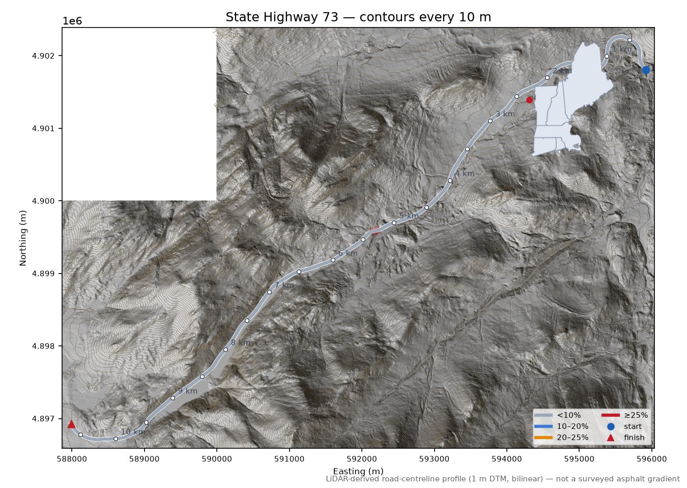 State Highway 73 LiDAR hillshade map with contours