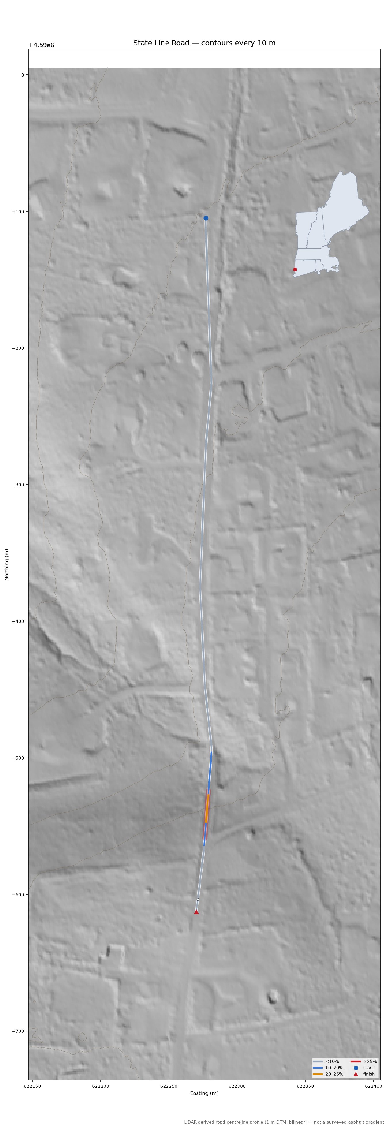 State Line Road LiDAR hillshade map with contours