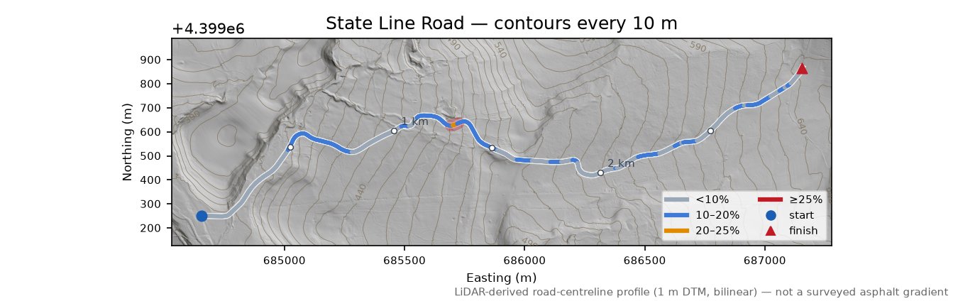 State Line Road LiDAR hillshade map with contours
